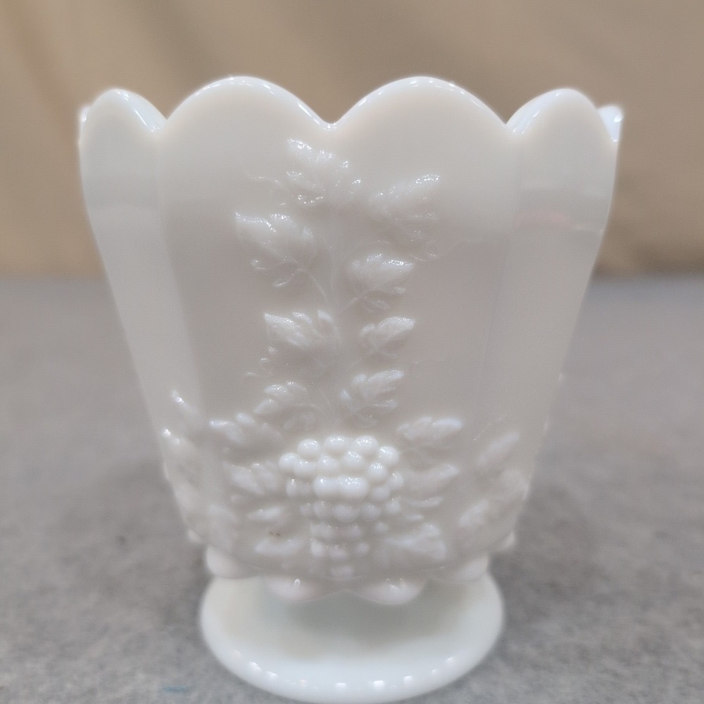 Vintage White Milk Glass Paneled Grape Footed Vase Scalloped Rim - Picture 2 of 7